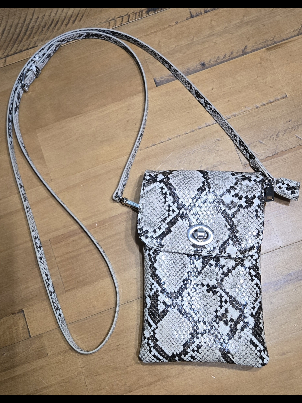 Snake-Print Crossbody Phone Bag in White and Brown